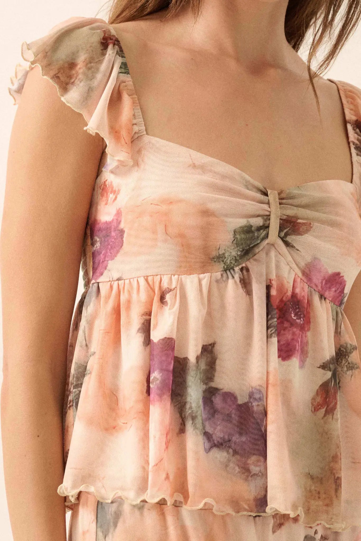 First Blush Floral Mesh Ruffle Babydoll Cami Top