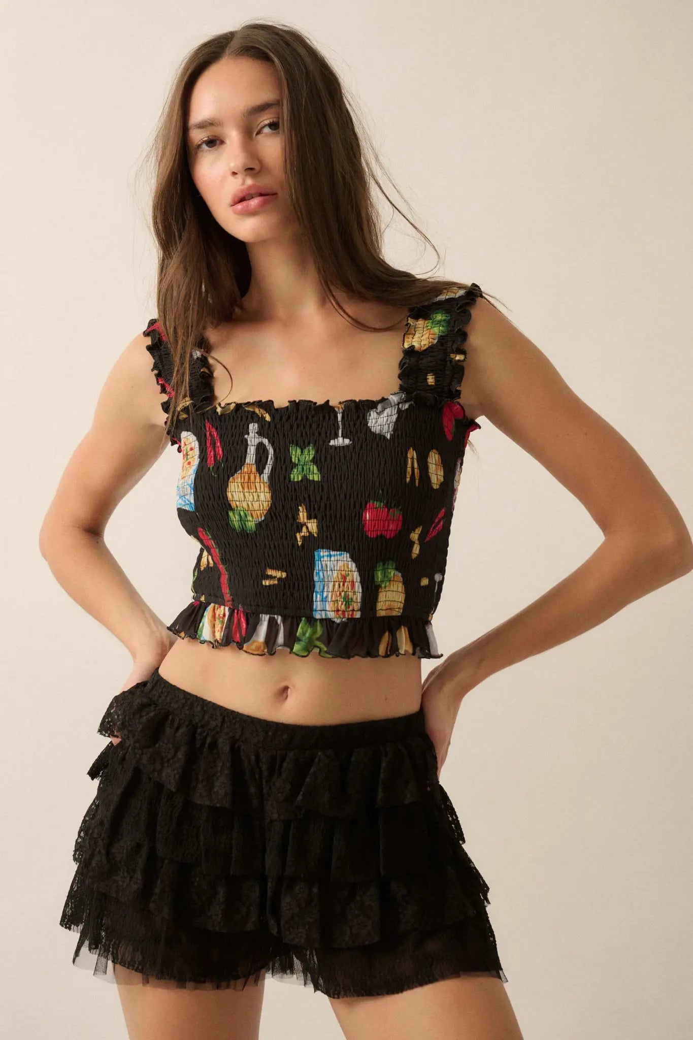 Ciao Bella Printed Mesh Smocked Cropped Tank Top