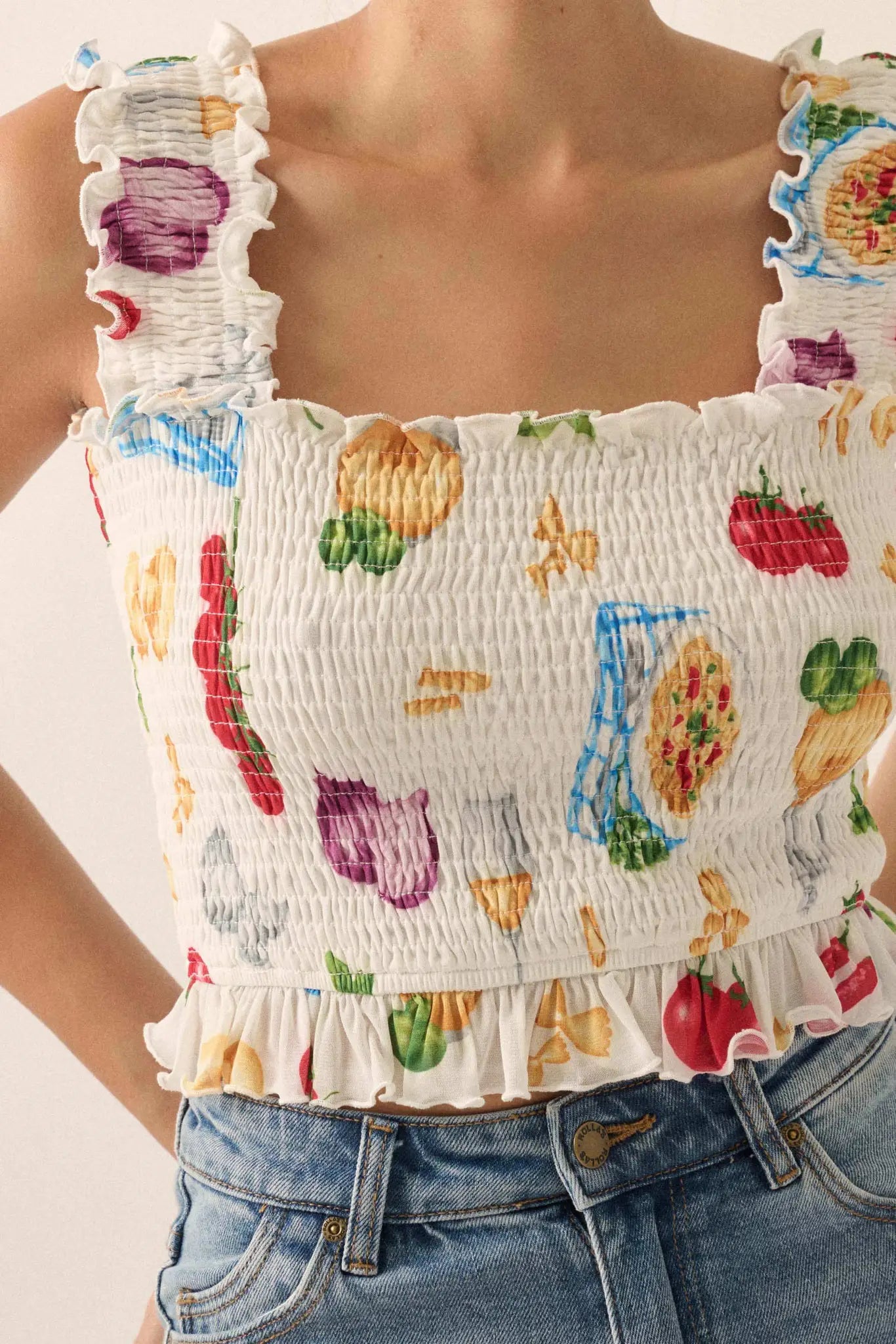 Ciao Bella Printed Mesh Smocked Cropped Tank Top
