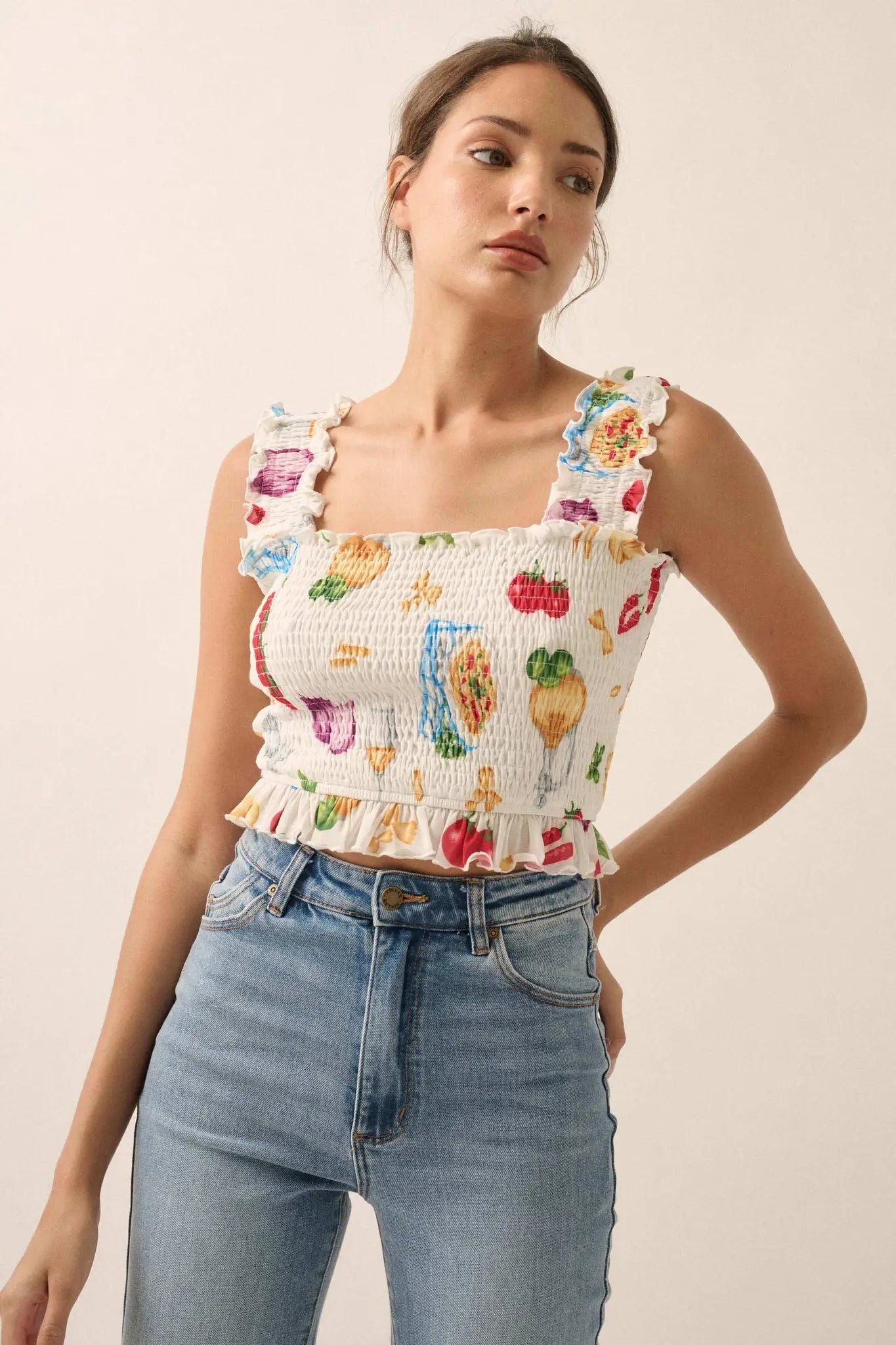 Ciao Bella Printed Mesh Smocked Cropped Tank Top