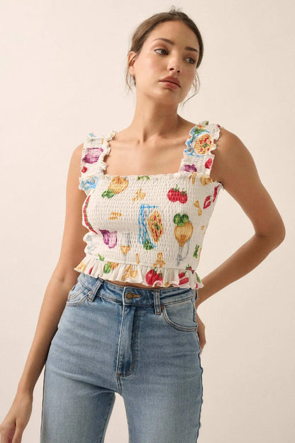 Ciao Bella Printed Mesh Smocked Cropped Tank Top