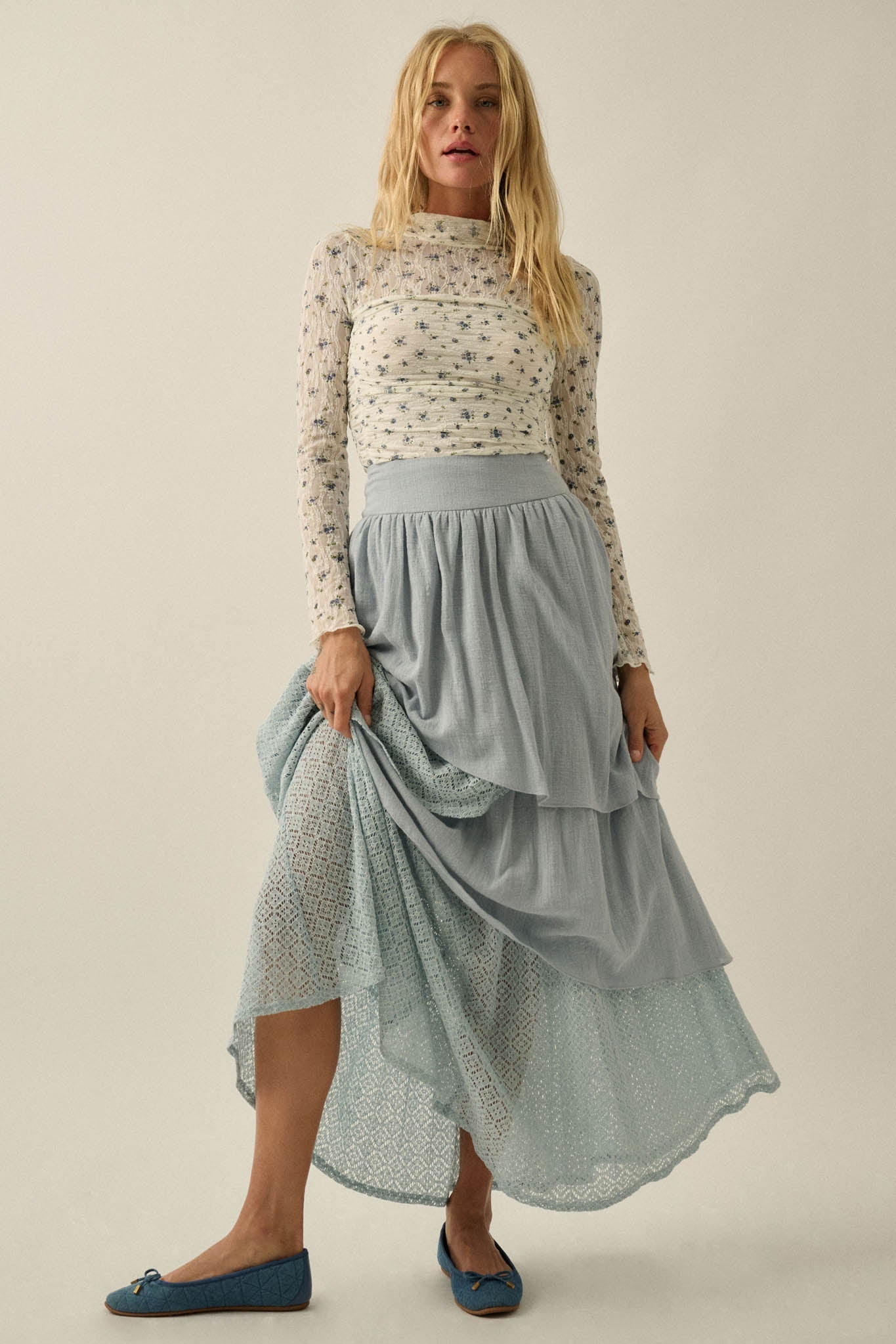 Forget Me Not Floral-Print Lace Ruched Bodysuit