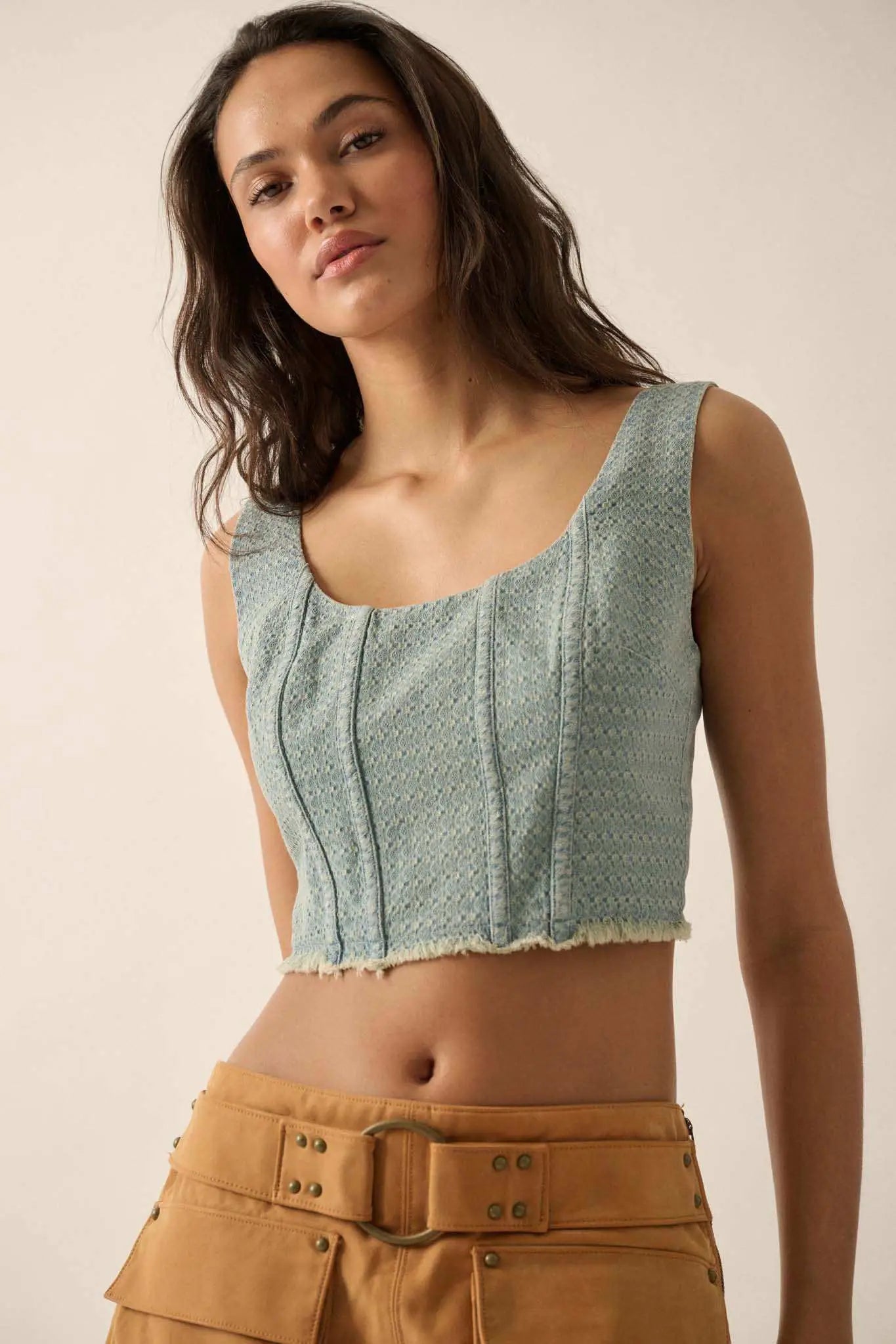 Blue Skies Jacquard Denim Cropped Corset Tank Top