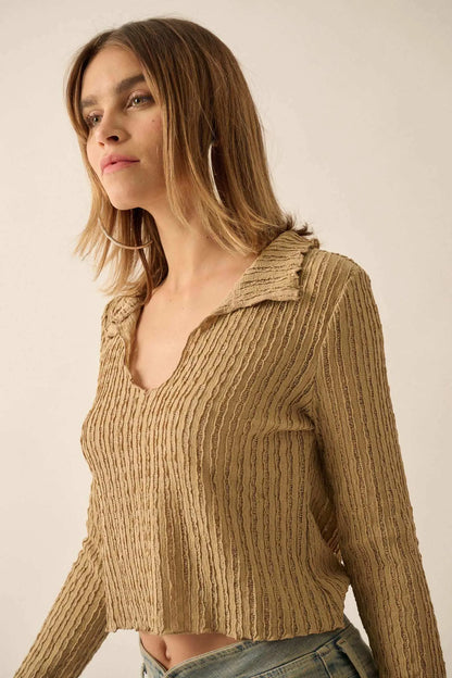 Making Waves Striped Lace Collared V-neck Top