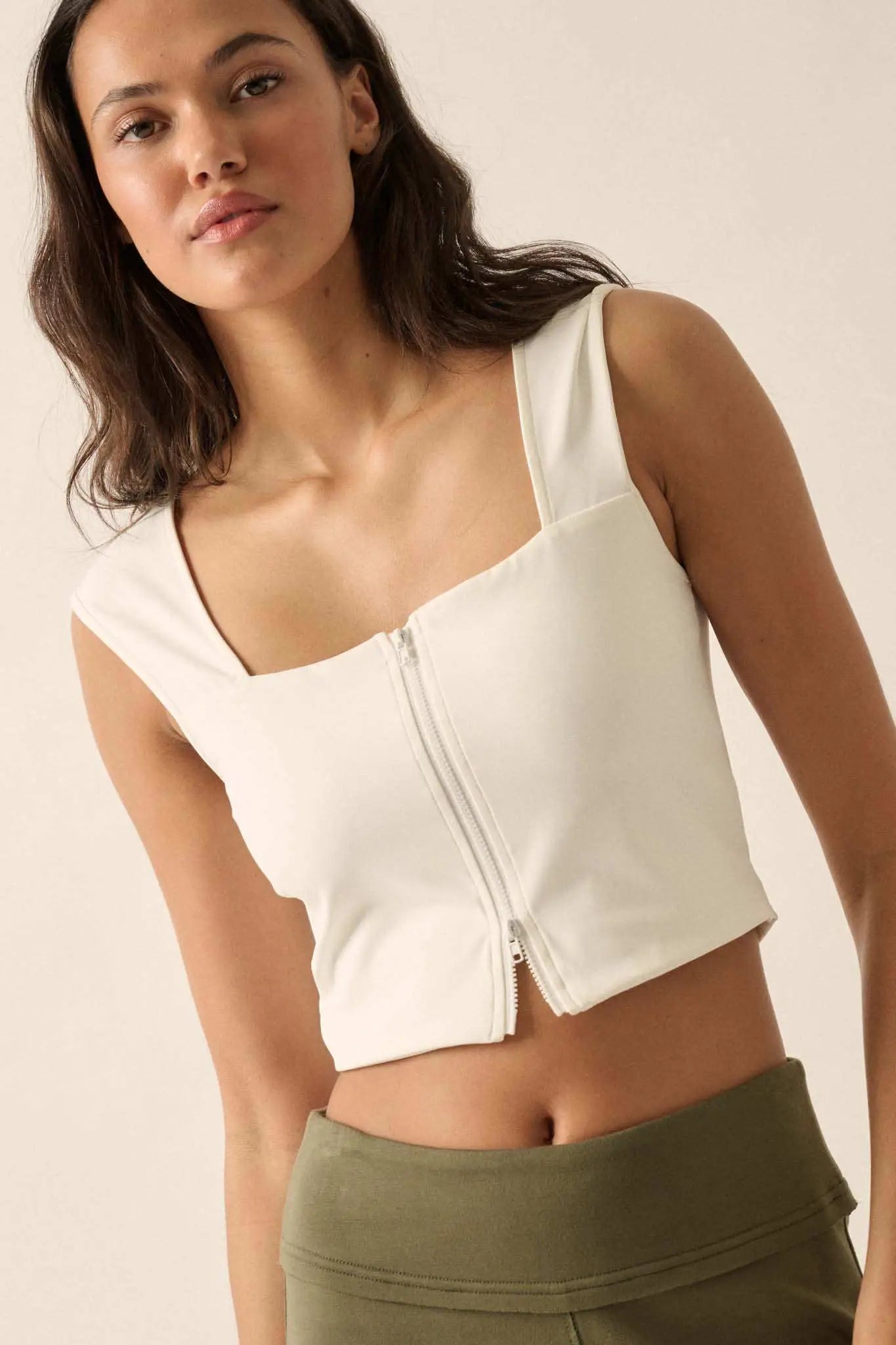 Lifted Fit Zip-Front Cropped Square-Neck Tank Top