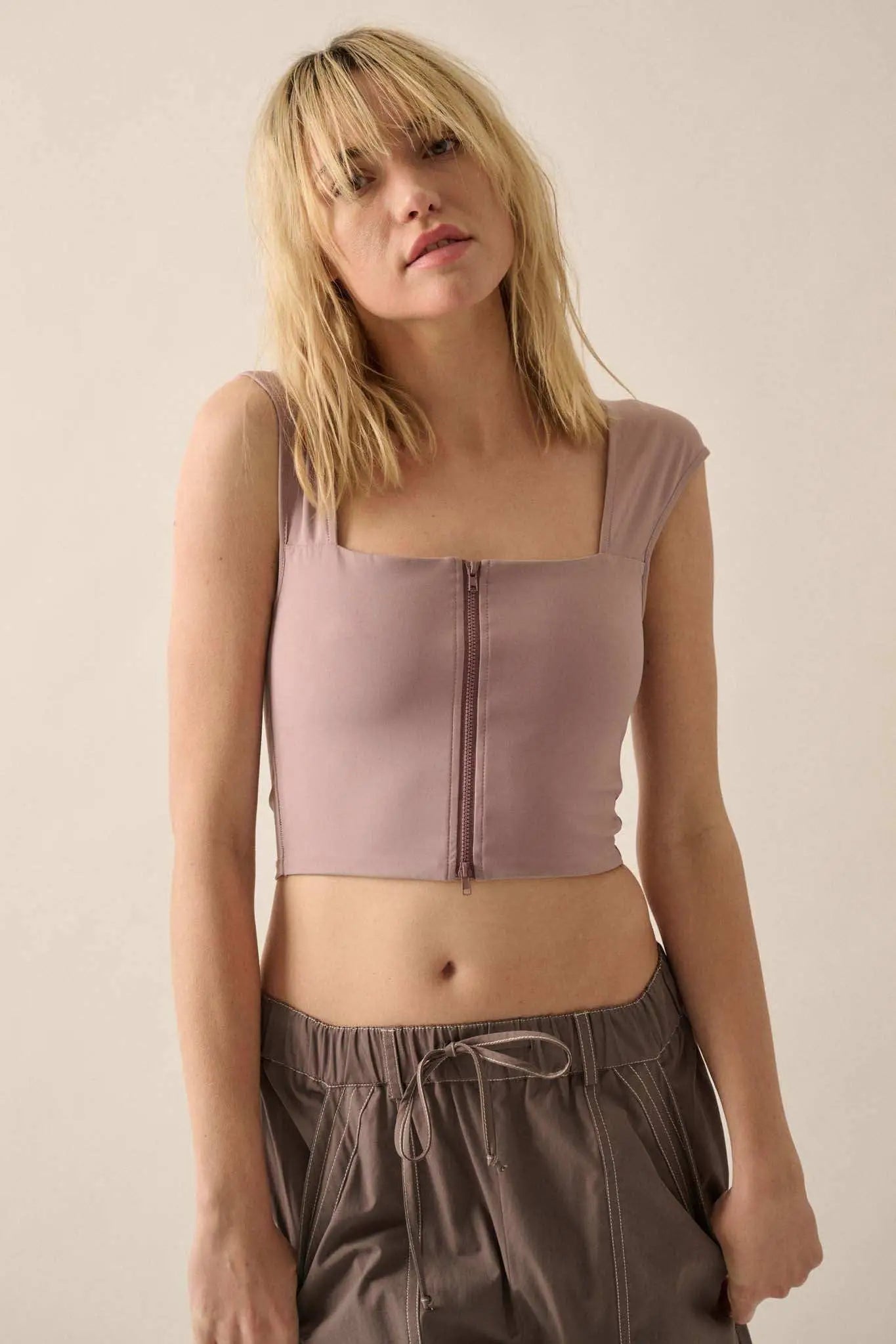 Lifted Fit Zip-Front Cropped Square-Neck Tank Top