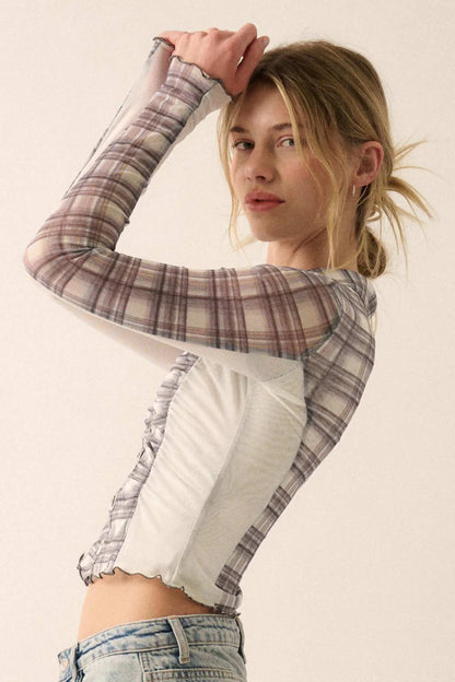 Plaid Behavior Ruched Mesh Cropped Button-Up Shirt