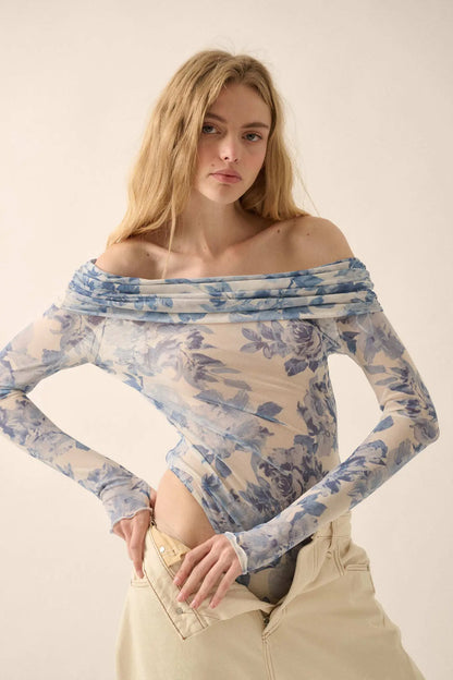 Floral Embrace Floral Mesh Foldover Bodysuit
