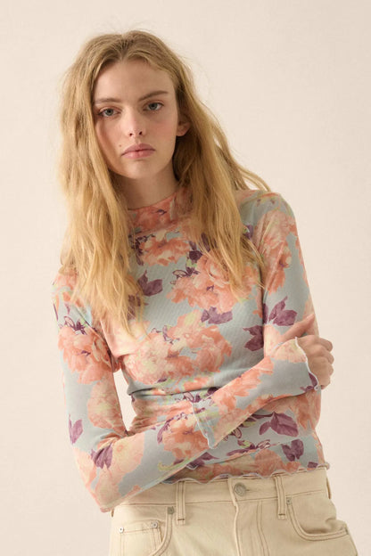 Morning Dew Floral Mesh Mock-Neck Thumbhole Top
