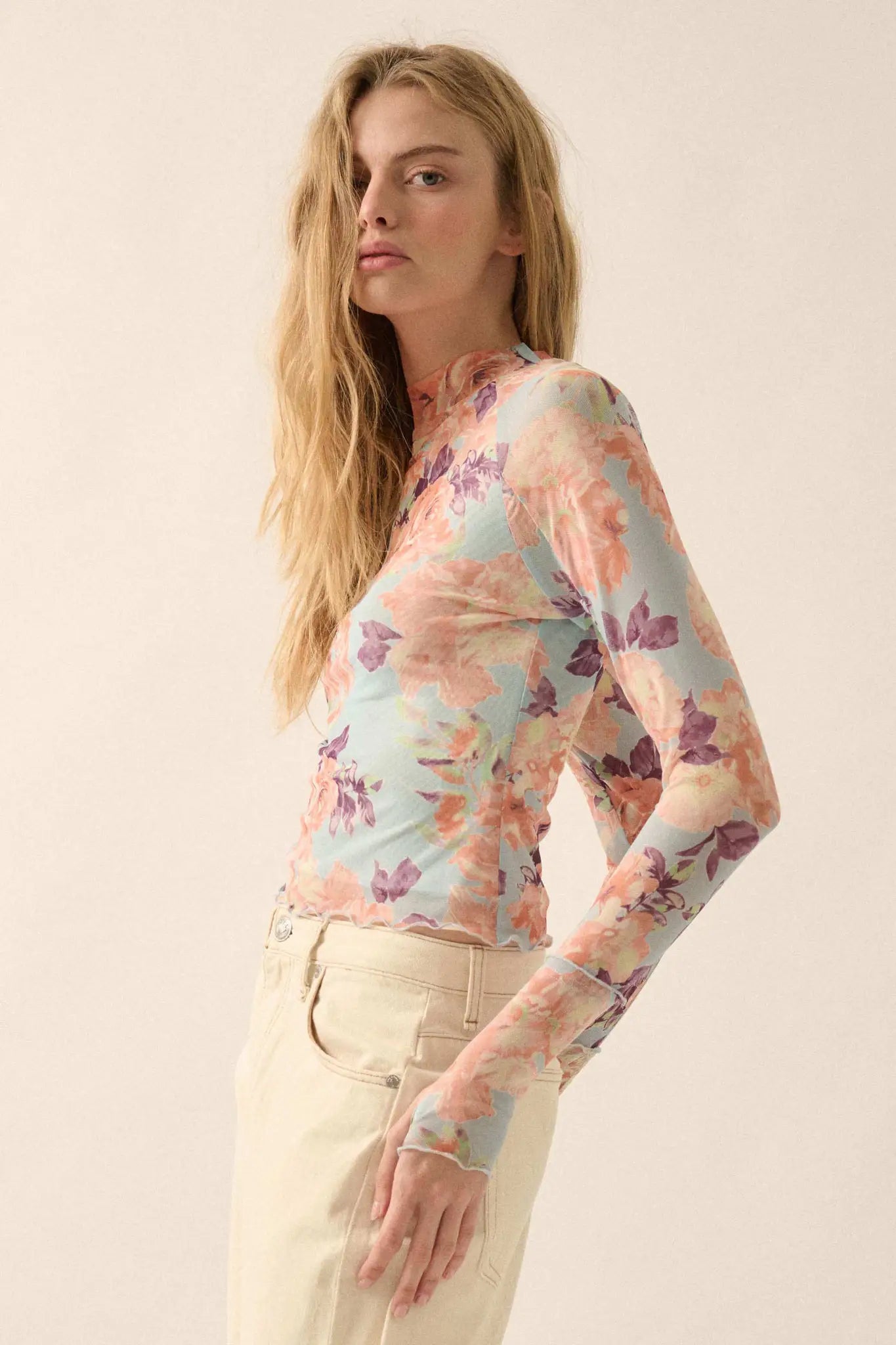 Morning Dew Floral Mesh Mock-Neck Thumbhole Top