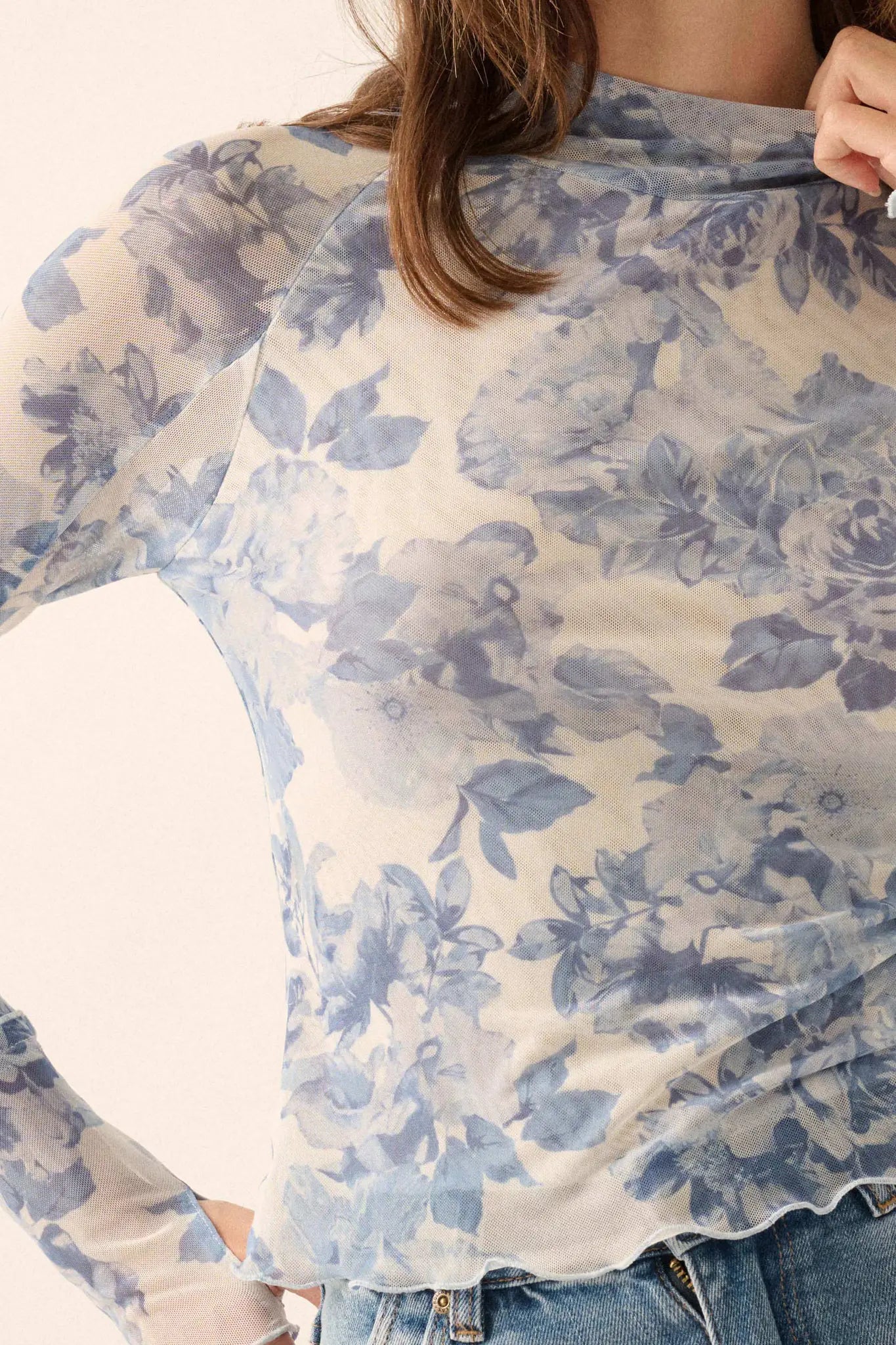 Morning Dew Floral Mesh Mock-Neck Thumbhole Top