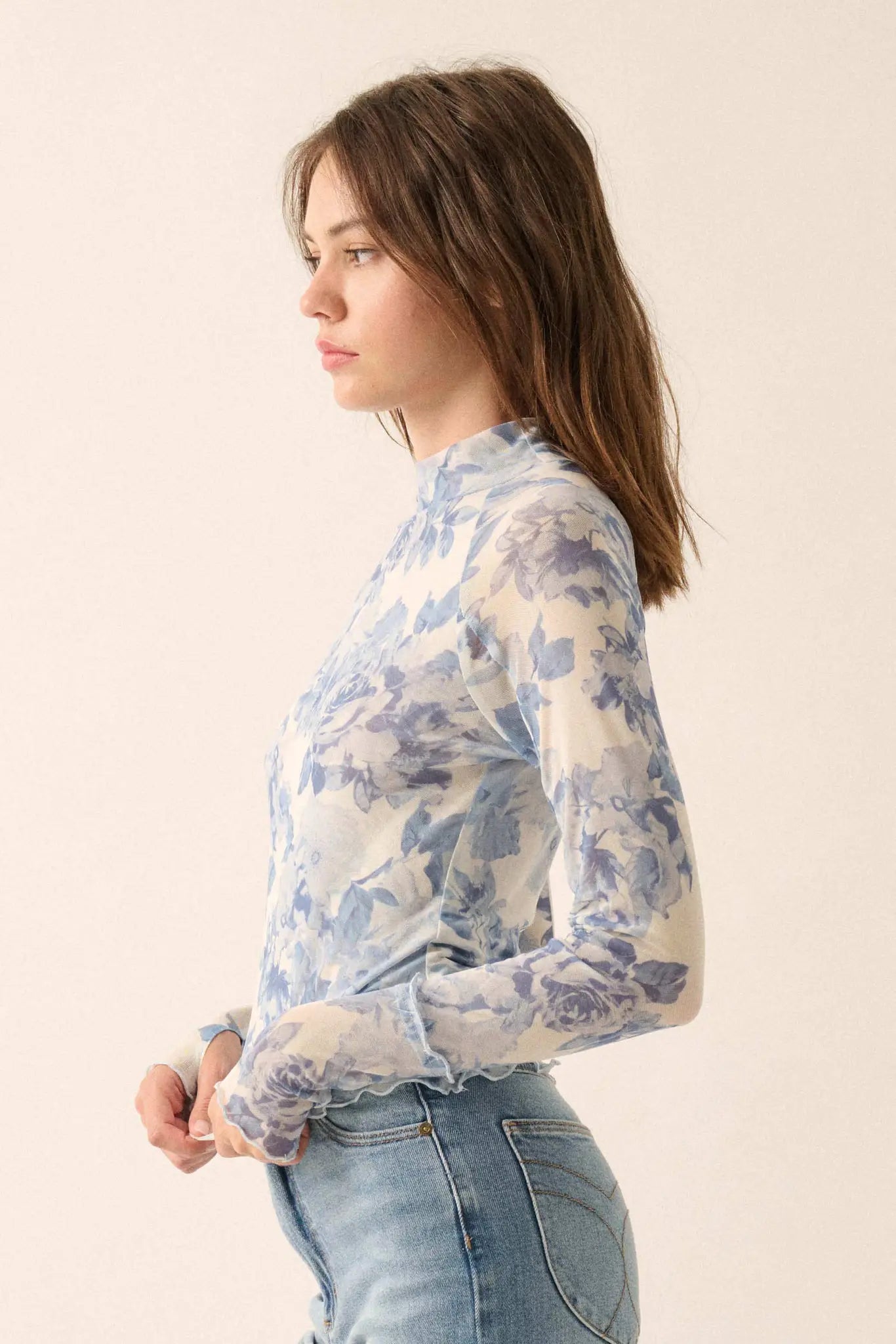 Morning Dew Floral Mesh Mock-Neck Thumbhole Top