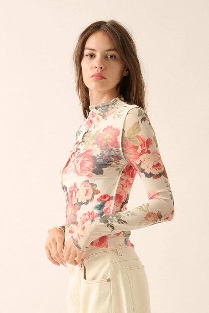 Blooming Heart Floral Mesh Exposed-Seam Top