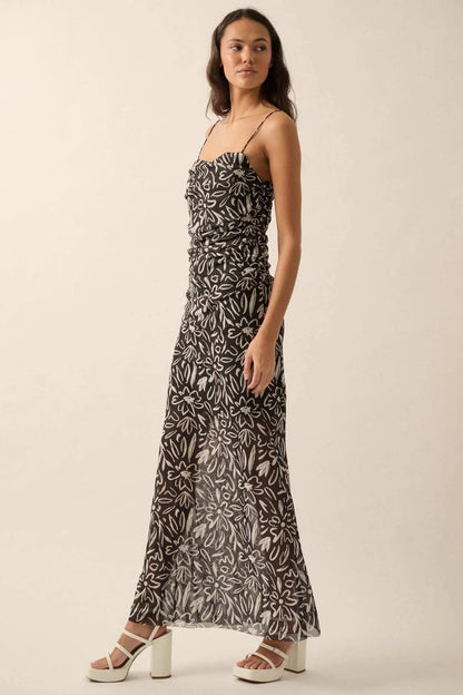 Avant Garden Floral-Print Mesh Ruched Maxi Dress