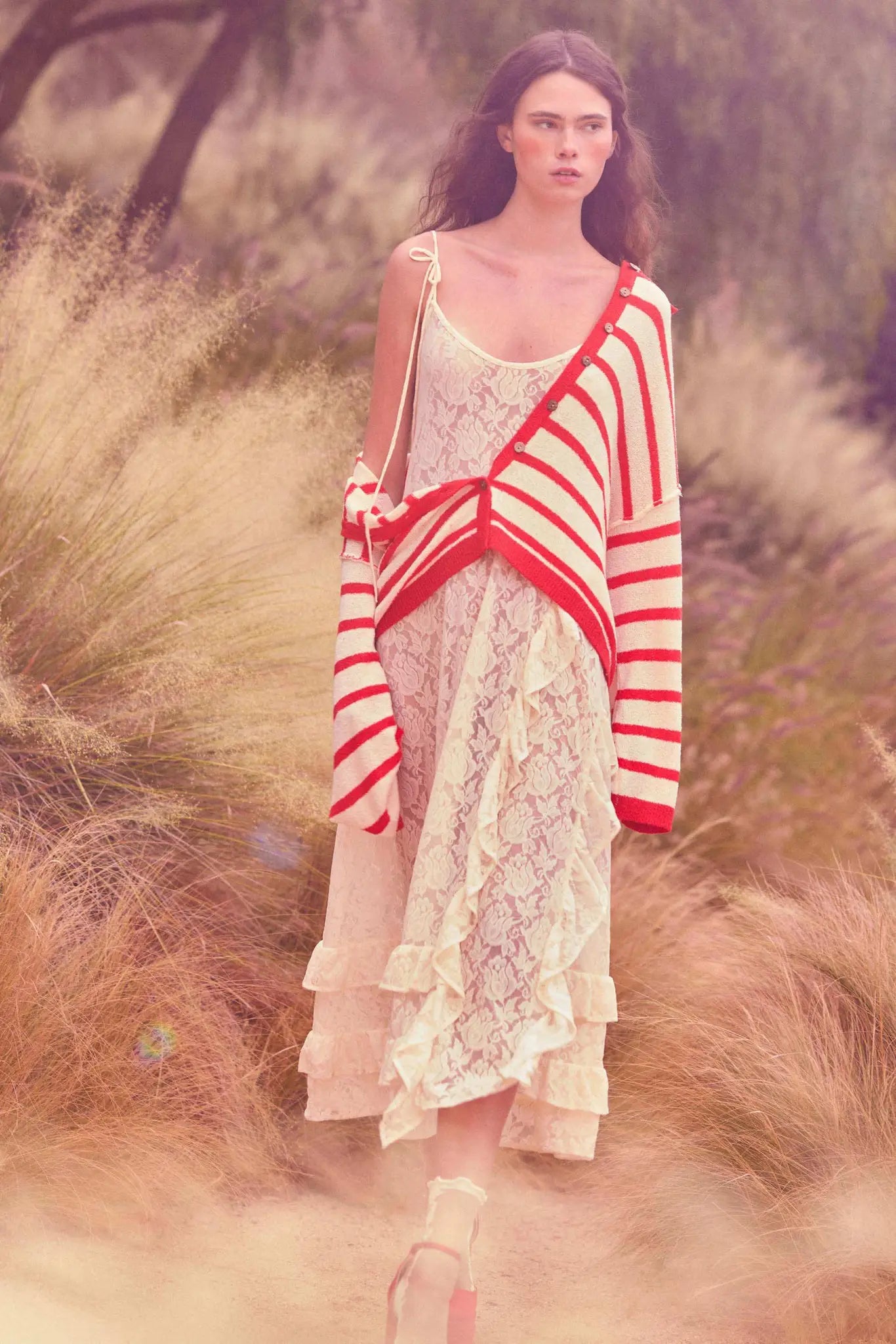 Dream of You Sheer Ruffled Floral Lace Midi Dress