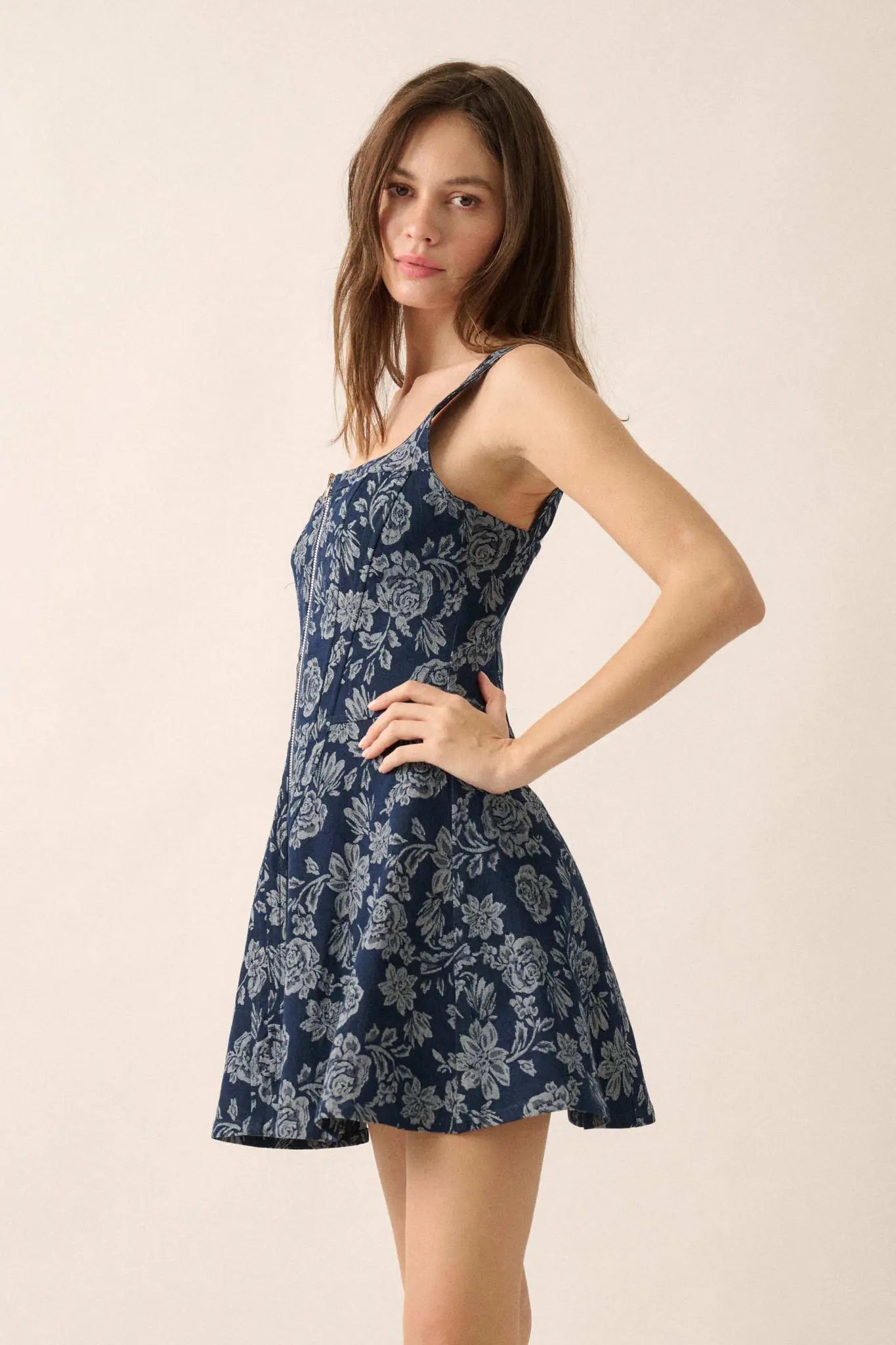 Blue Beauty Floral Jacquard Denim Mini Dress