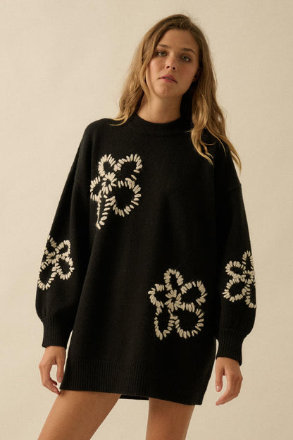 Cozy Petals Floral-Embroidered Mini Sweater Dress