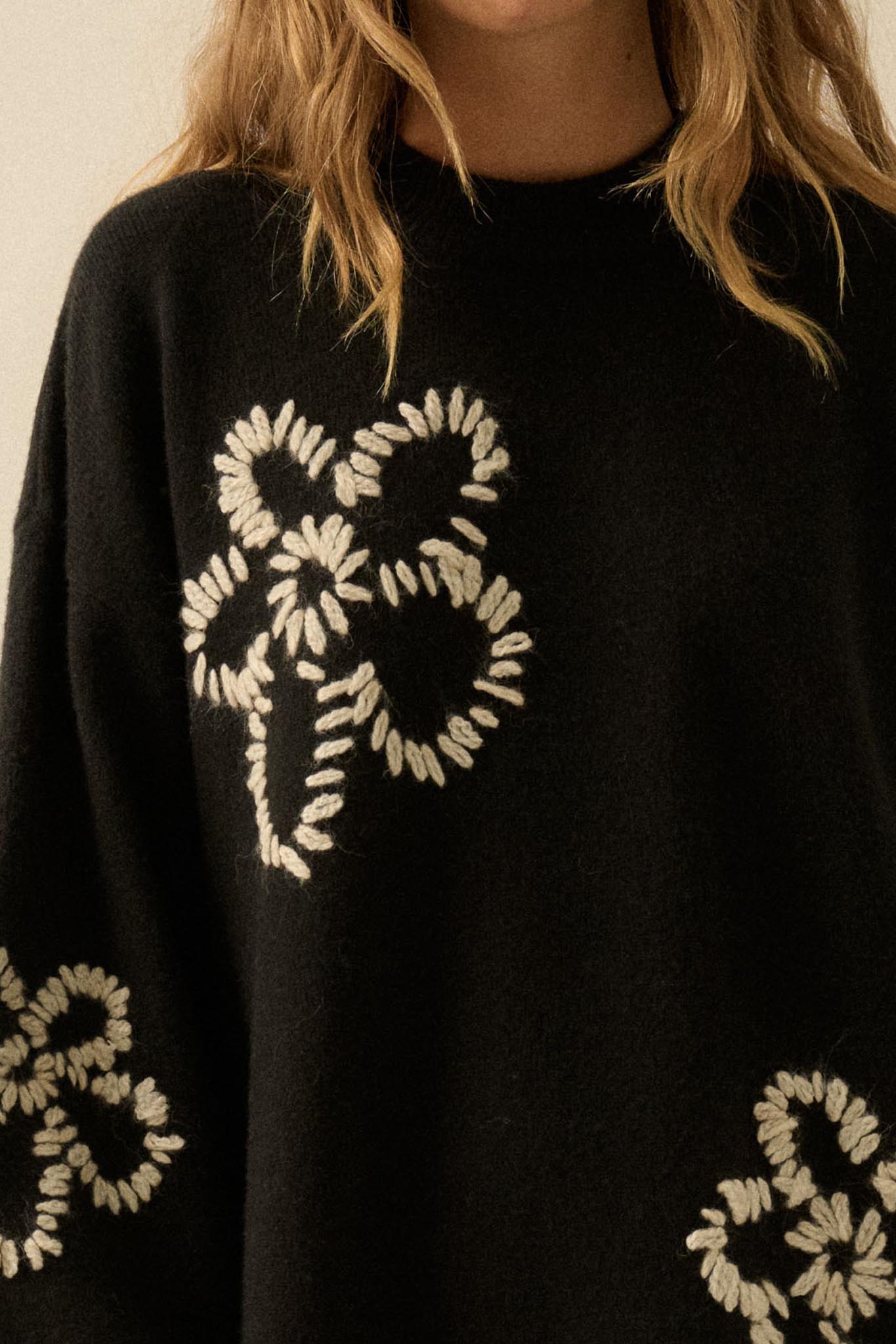 Cozy Petals Floral-Embroidered Mini Sweater Dress