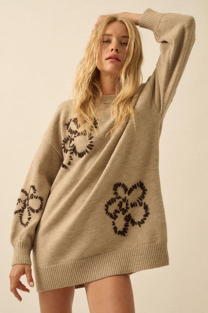 Cozy Petals Floral-Embroidered Mini Sweater Dress