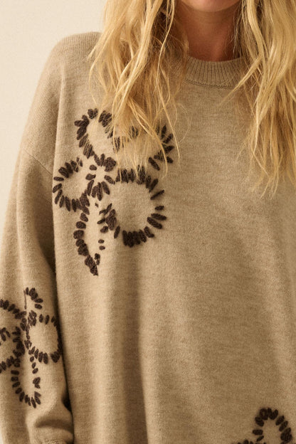 Cozy Petals Floral-Embroidered Mini Sweater Dress