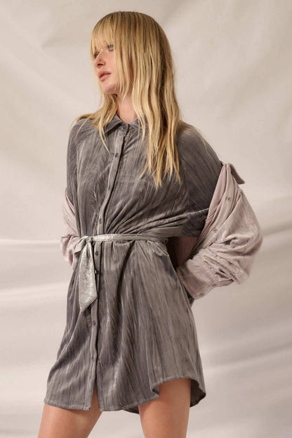Laid-Back Luxury Crinkle Velvet Mini Shirt Dress