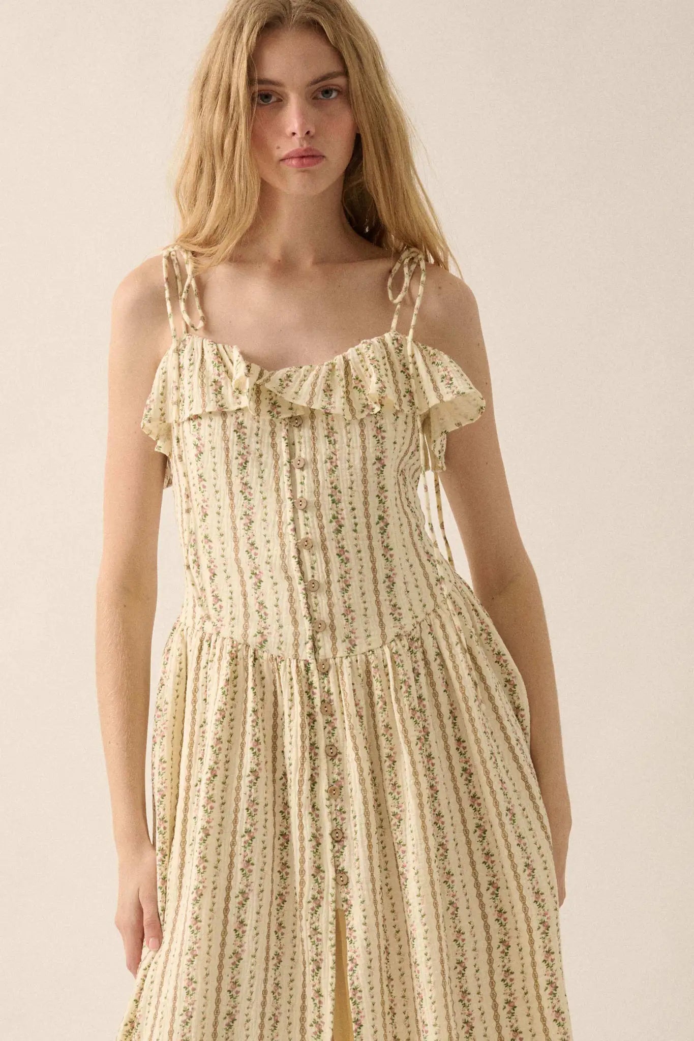 Climbing Vines Floral Gauze Ruffle Midi Dress