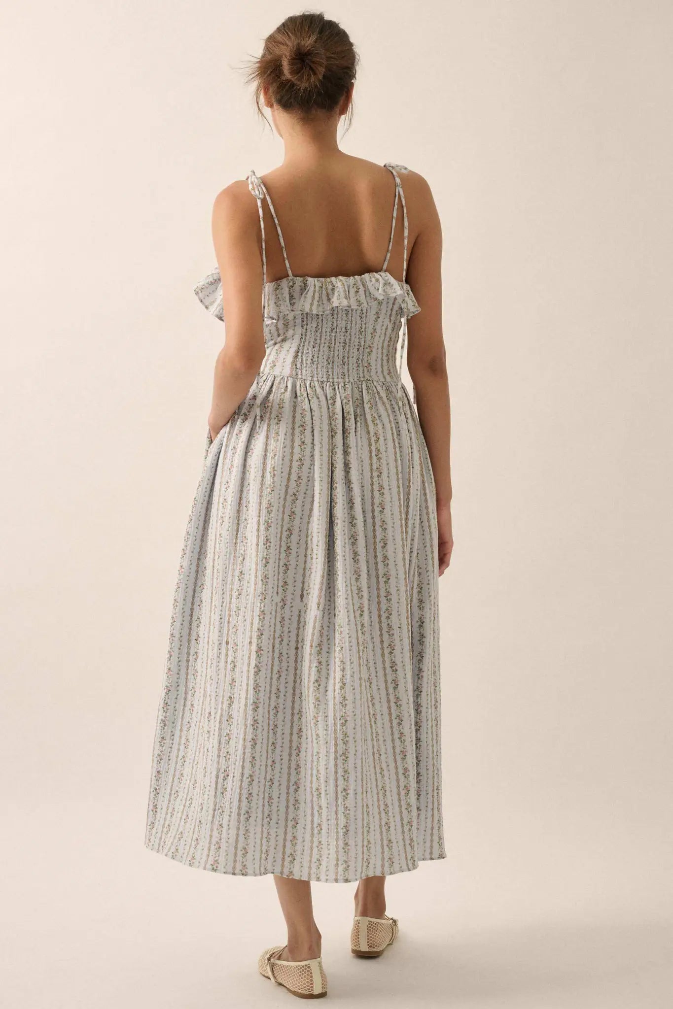 Climbing Vines Floral Gauze Ruffle Midi Dress