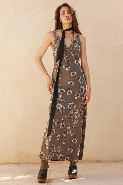 Silken Blossoms Bias-Cut Floral Satin Maxi Dress