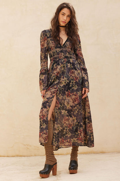 Boho Blossoms Floral Bell-Sleeve Midi Dress