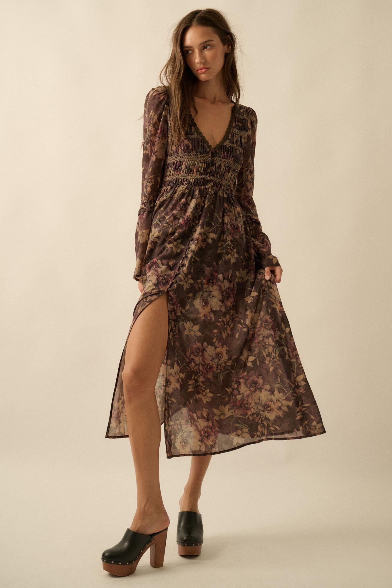 Boho Blossoms Floral Bell-Sleeve Midi Dress