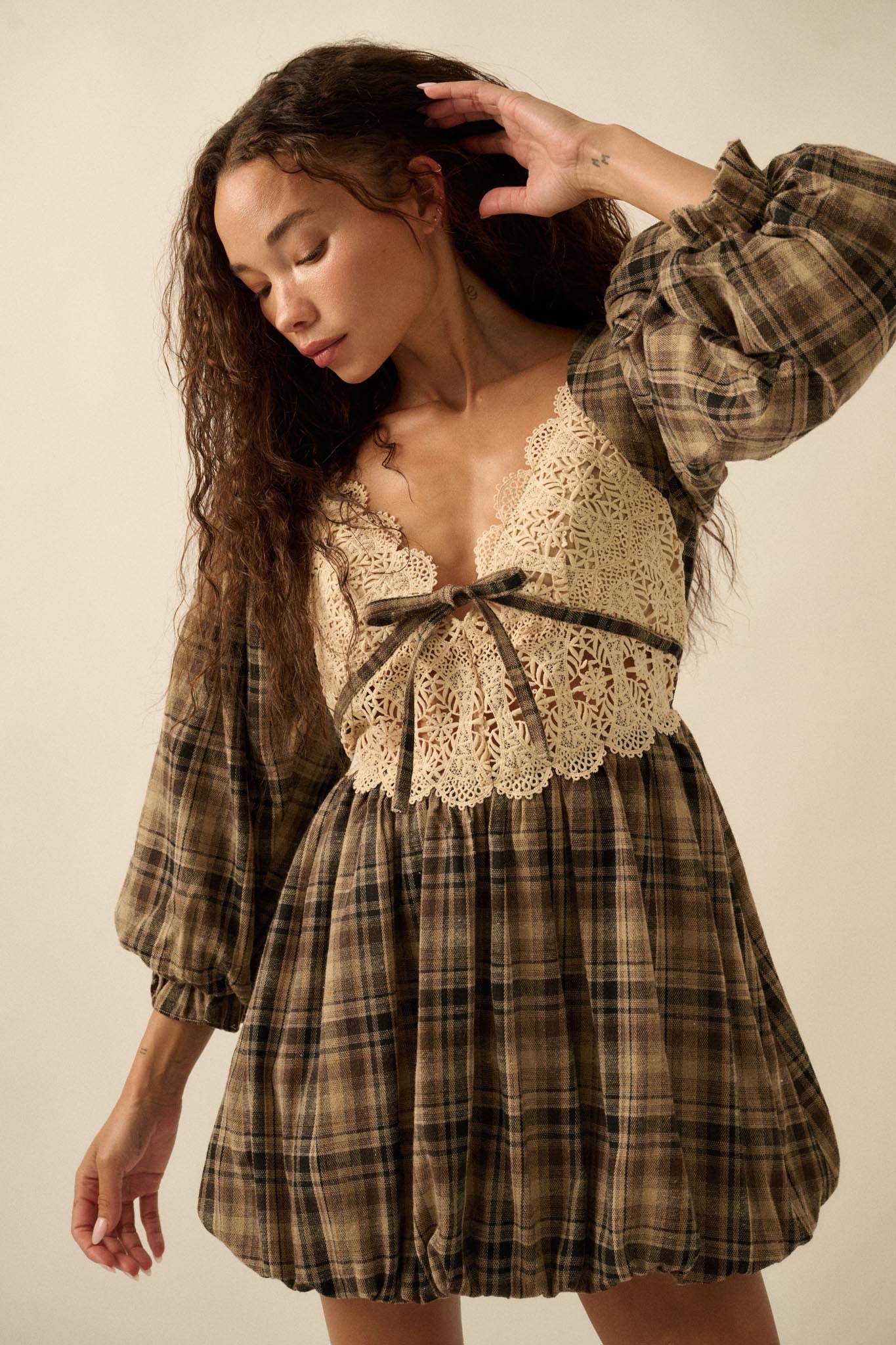 Country Cottage Plaid and Lace Bubble Mini Dress
