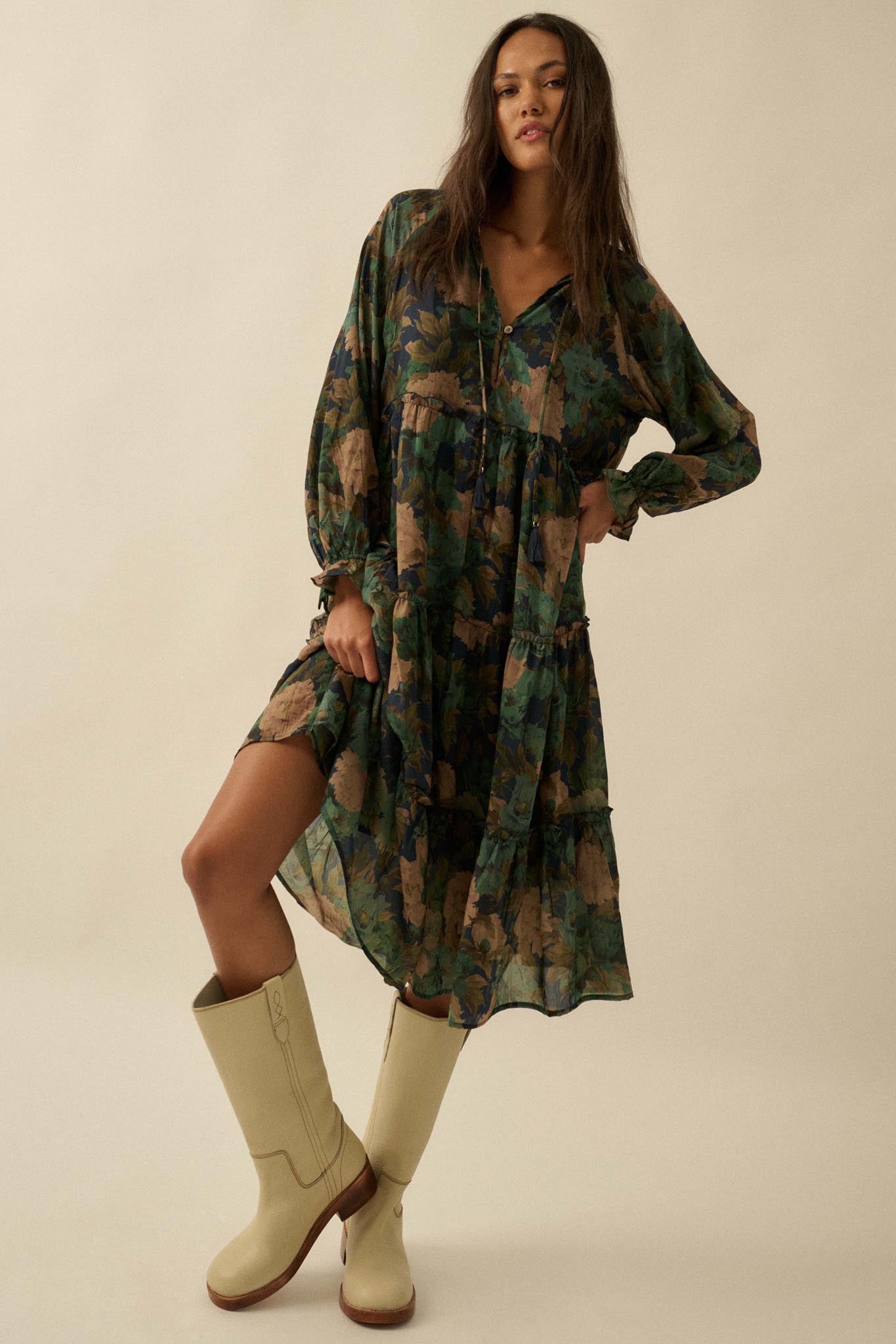 Potpourri Grove Tiered Floral Midi Prairie Dress
