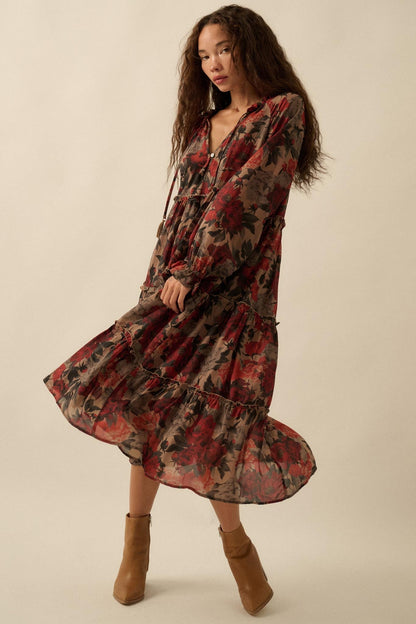 Potpourri Grove Tiered Floral Midi Prairie Dress