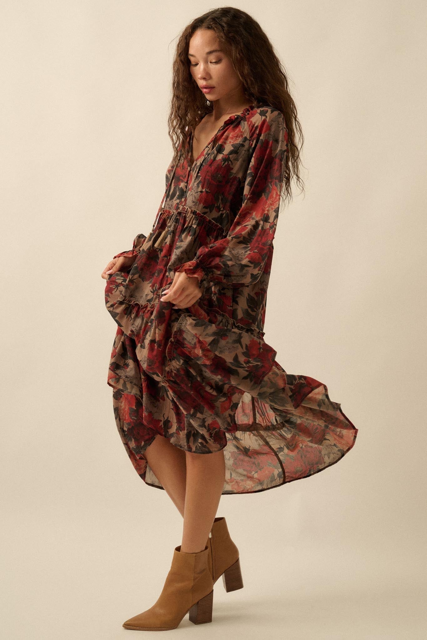 Potpourri Grove Tiered Floral Midi Prairie Dress