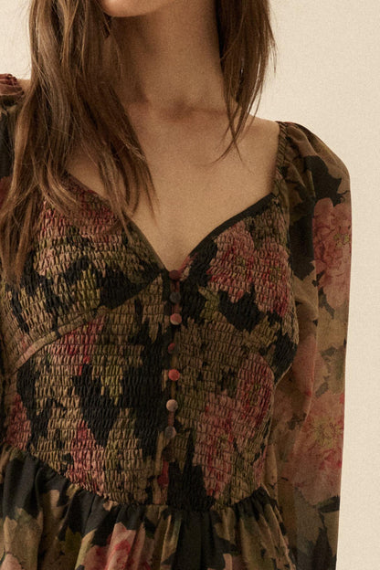 Peaceful Petals Smocked Floral Midi Peasant Dress