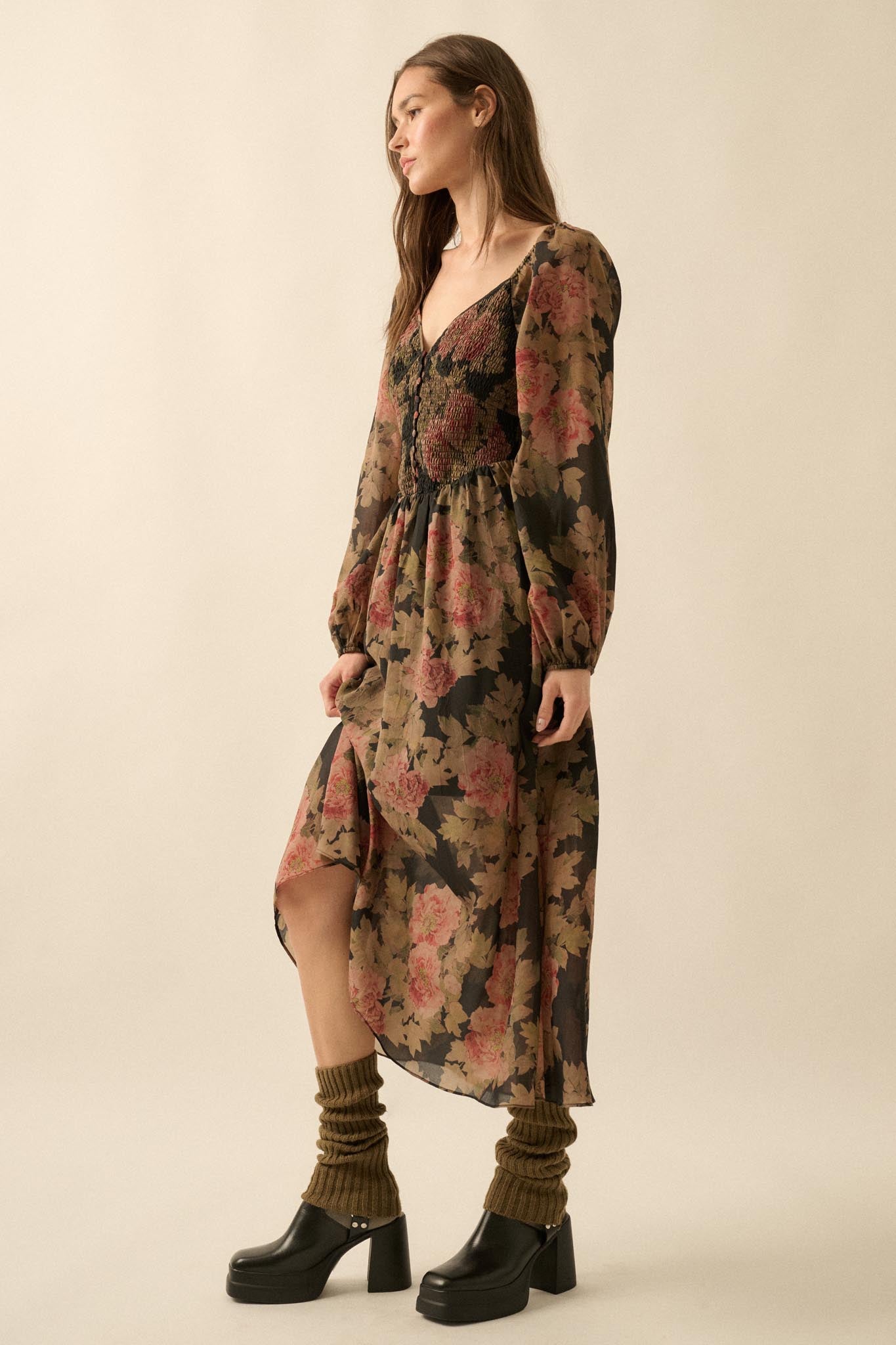Peaceful Petals Smocked Floral Midi Peasant Dress