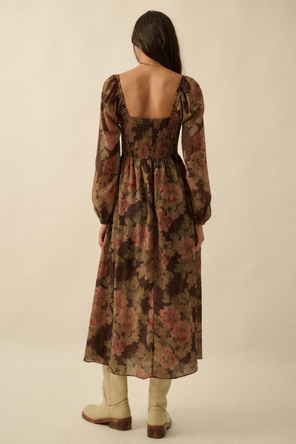 Peaceful Petals Smocked Floral Midi Peasant Dress