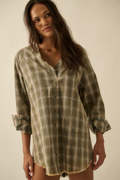 Back Roads Plaid Flannel Raw-Edge Mini Shirt Dress
