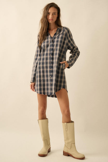 Back Roads Plaid Flannel Raw-Edge Mini Shirt Dress
