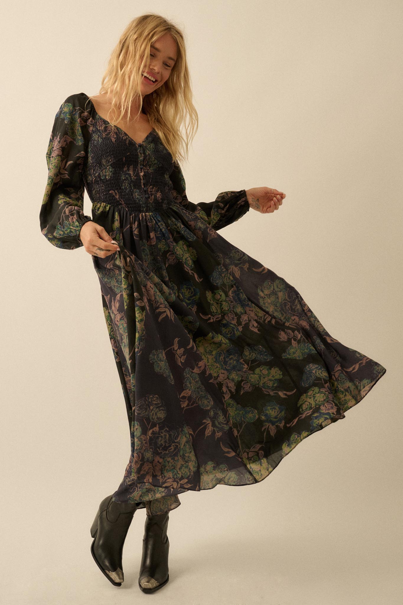 Beautiful Blooms Smocked Floral Maxi Peasant Dress