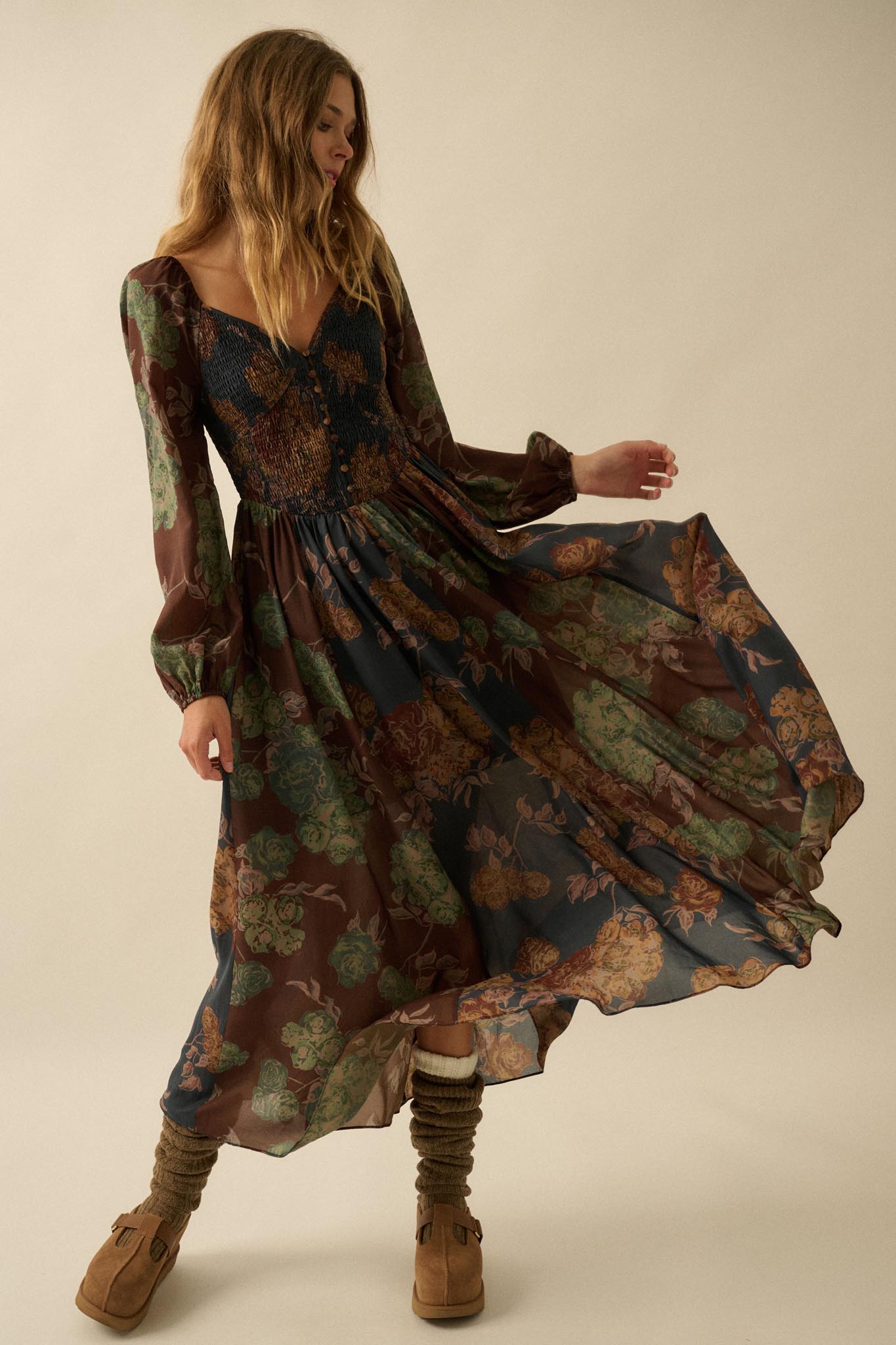 Beautiful Blooms Smocked Floral Maxi Peasant Dress