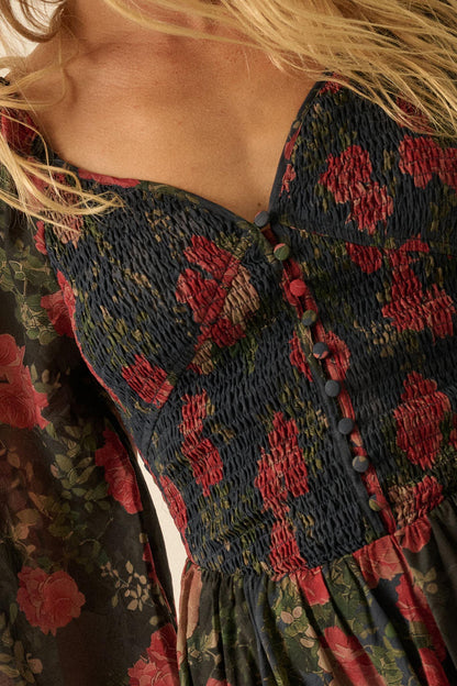 Refined Roses Smocked Floral Maxi Peasant Dress