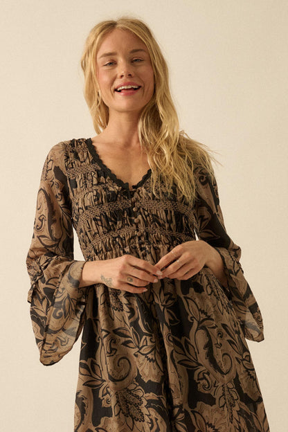 Blooming Opulence Floral Bell-Sleeve Midi Dress