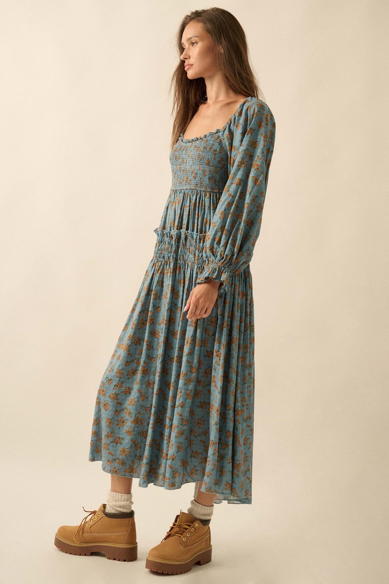 Field Day Floral Plaid Smocked Midi Peasant Dress