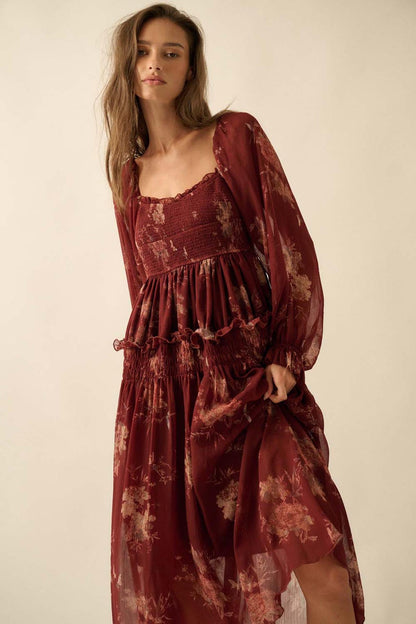 Delicate Blossoms Smocked Floral Chiffon Midi Dress