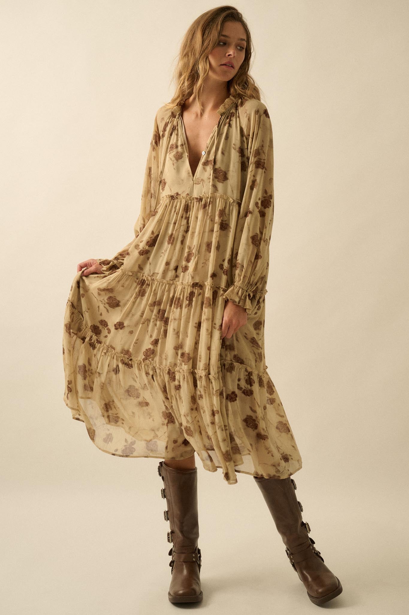 Faded Flowers Tiered Floral Midi Prairie Dress