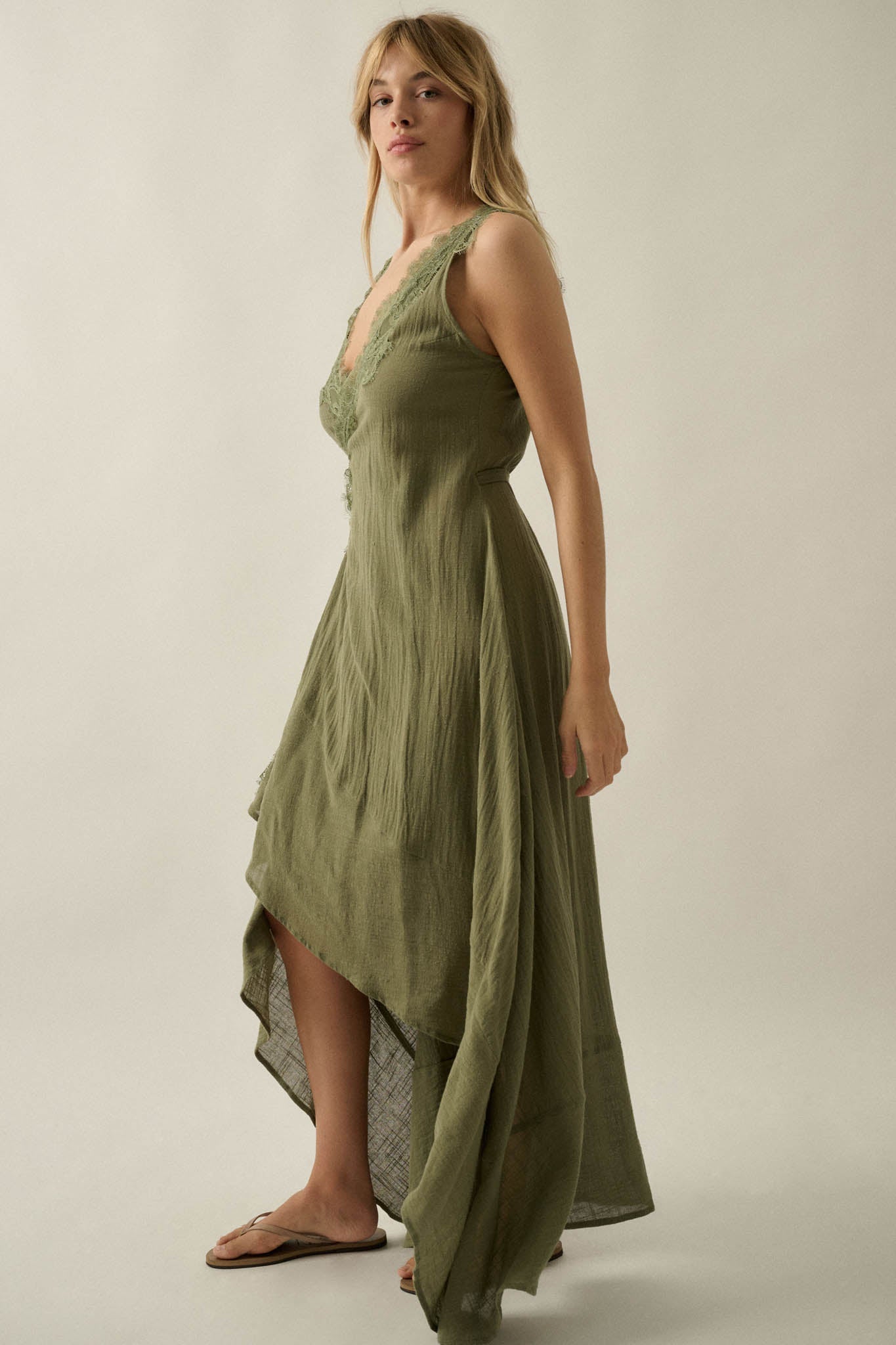 Finally Free Cotton Gauze and Lace Wrap Maxi Dress
