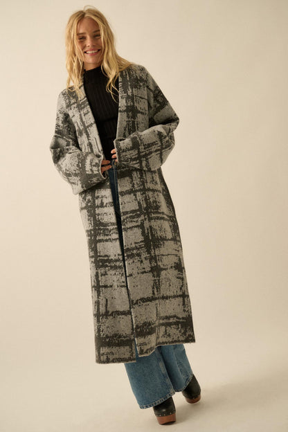 Square One Plaid Jacquard-Knit Duster Cardigan