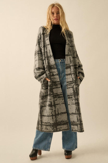 Square One Plaid Jacquard-Knit Duster Cardigan