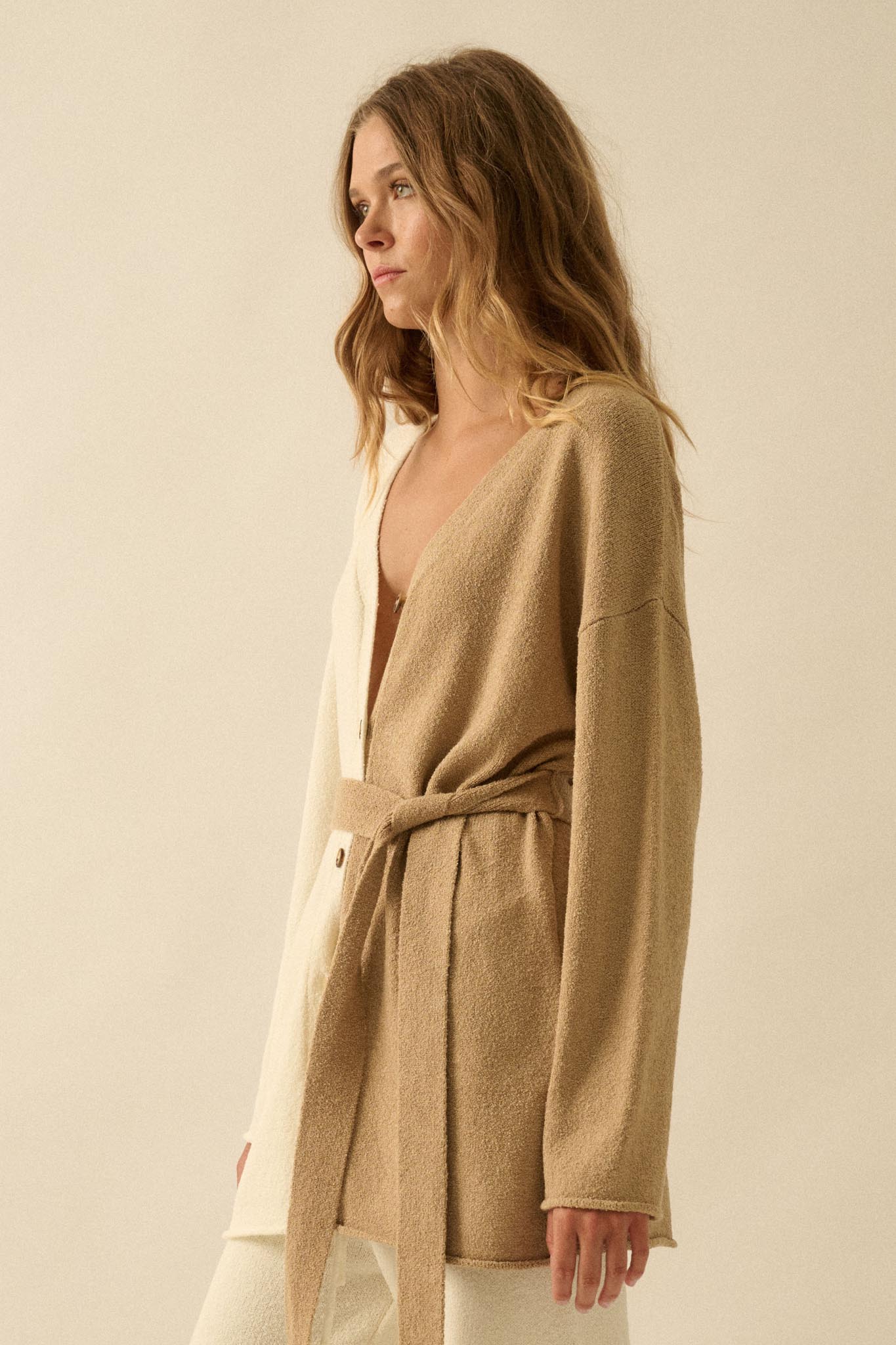 Promise the Label Colorblock Belted Cardigan